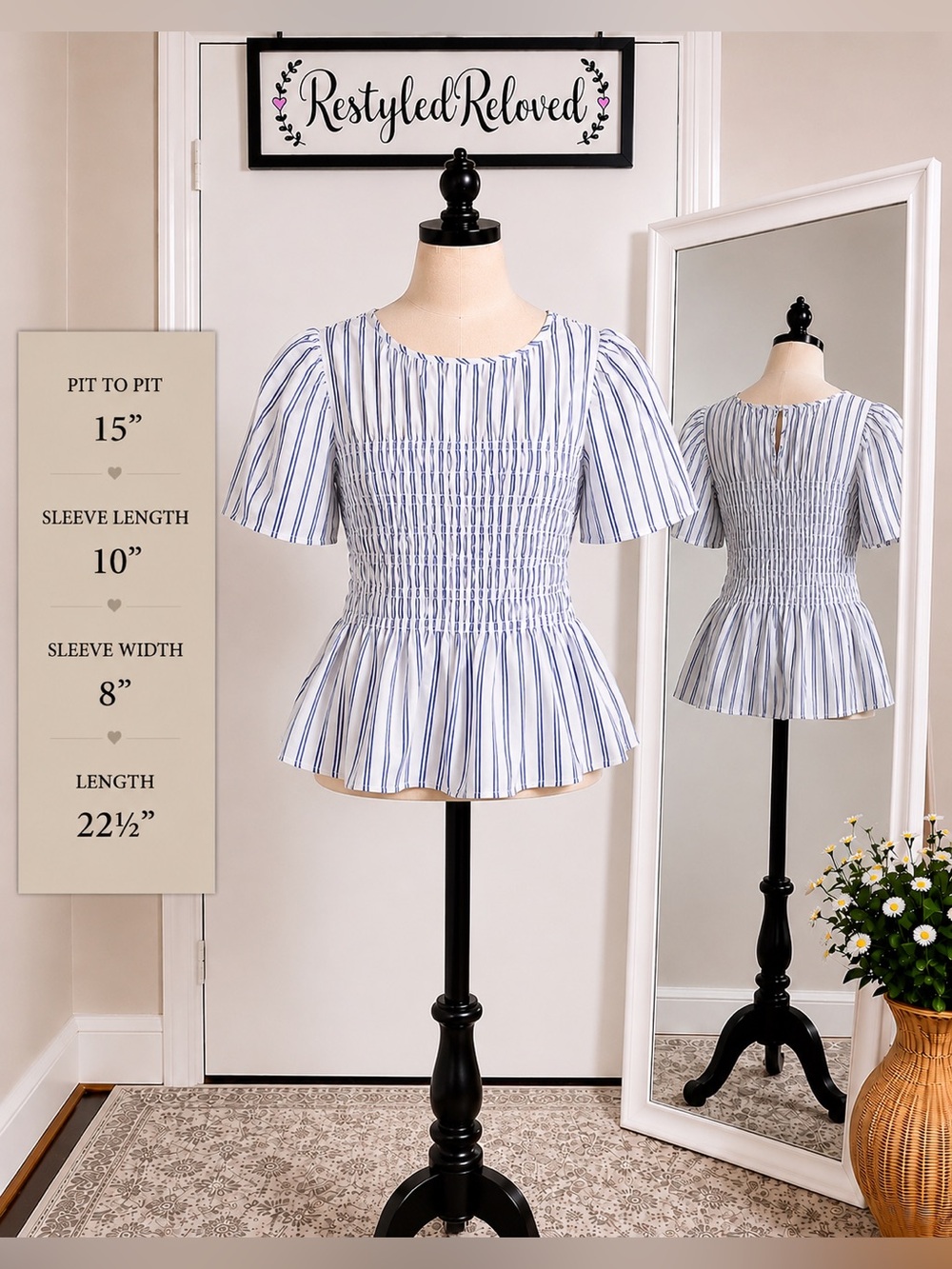 Bagatelle Collection New York Blue & White Striped Smocked Peplum Top